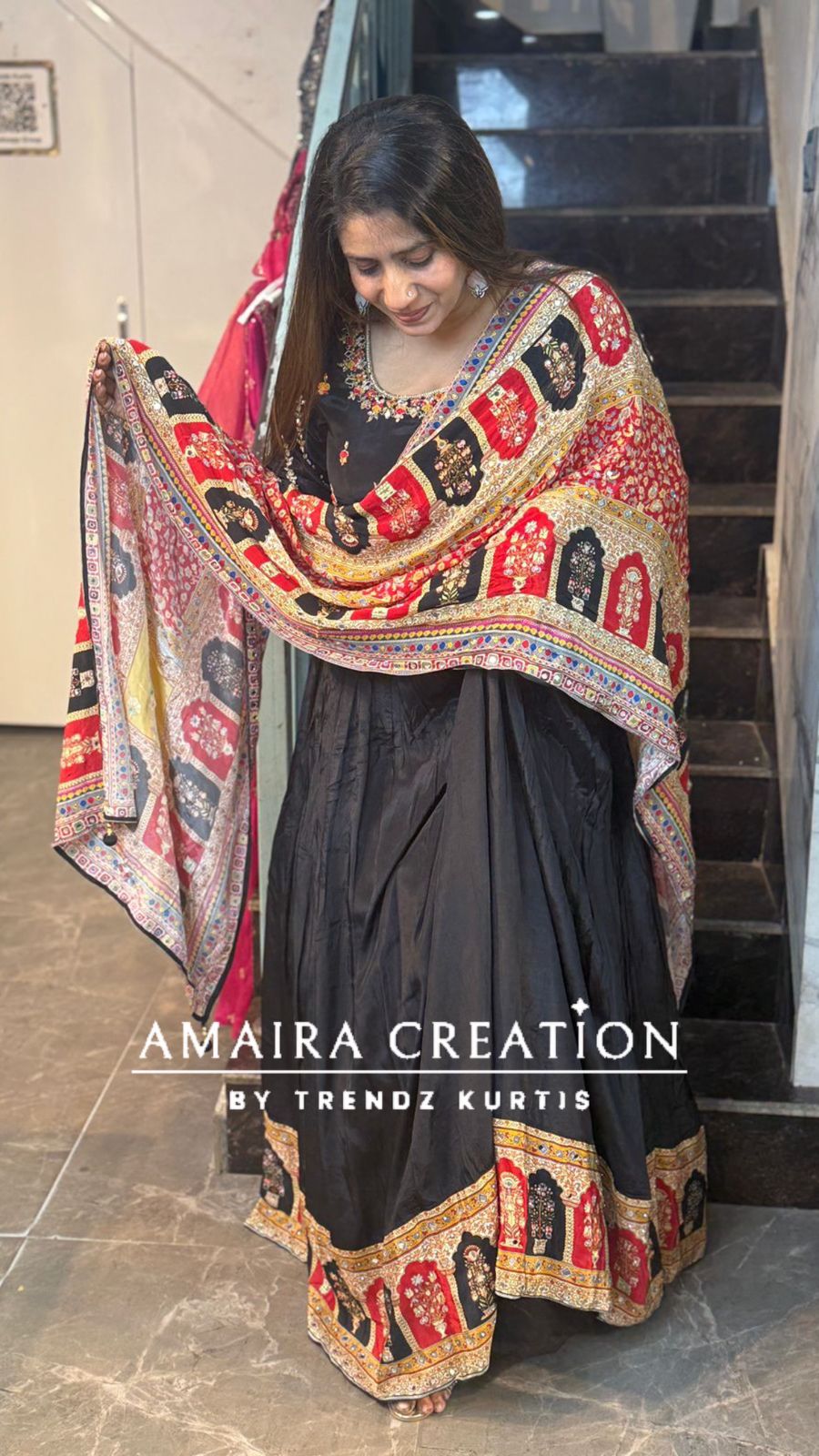 Premium Crepe Black Colour One Piece With Beautiful Neck Detailing And Crepe Dupatta