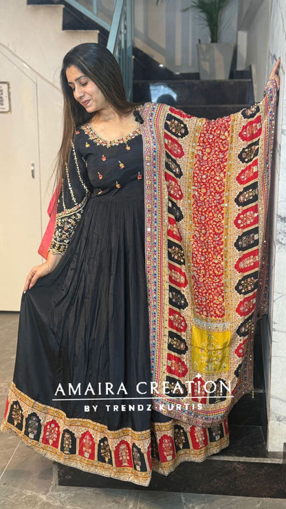 Premium Crepe Black Colour One Piece With Beautiful Neck Detailing And Crepe Dupatta