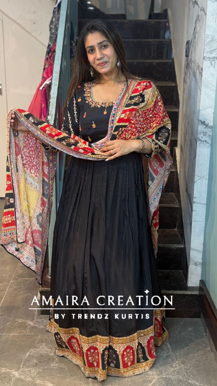 Premium Crepe Black Colour One Piece With Beautiful Neck Detailing And Crepe Dupatta