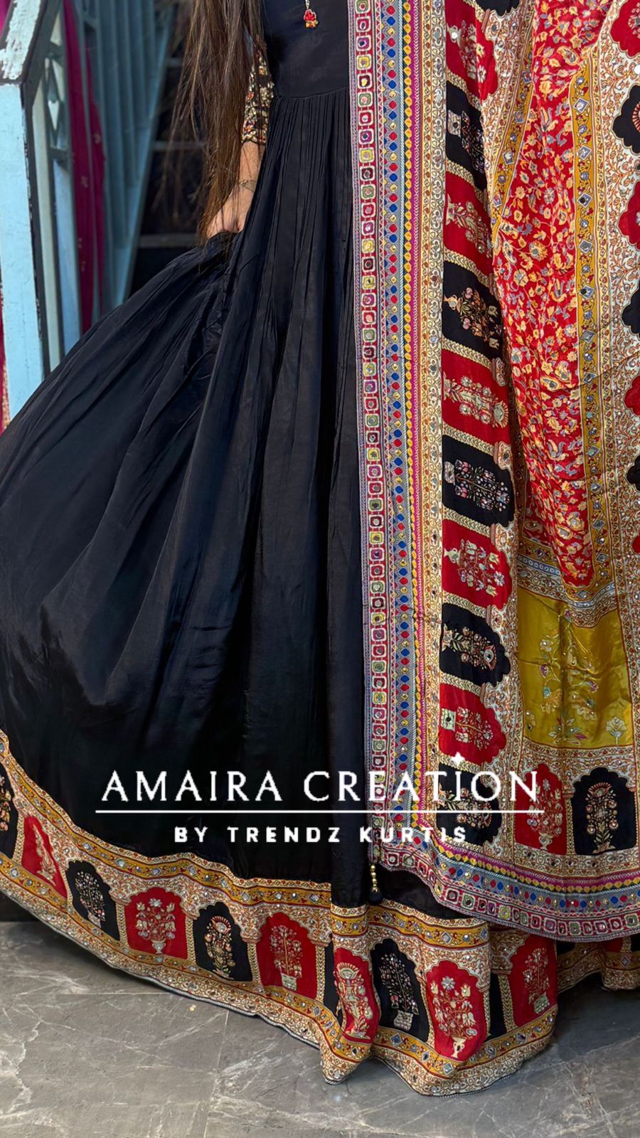 Premium Crepe Black Colour One Piece With Beautiful Neck Detailing And Crepe Dupatta