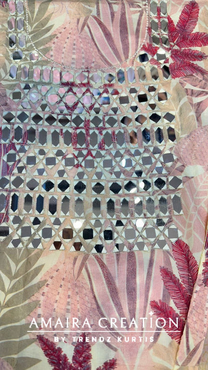 Premium Cotton Leaf Print Original Mirror Work With Chiffon Dupatta’s