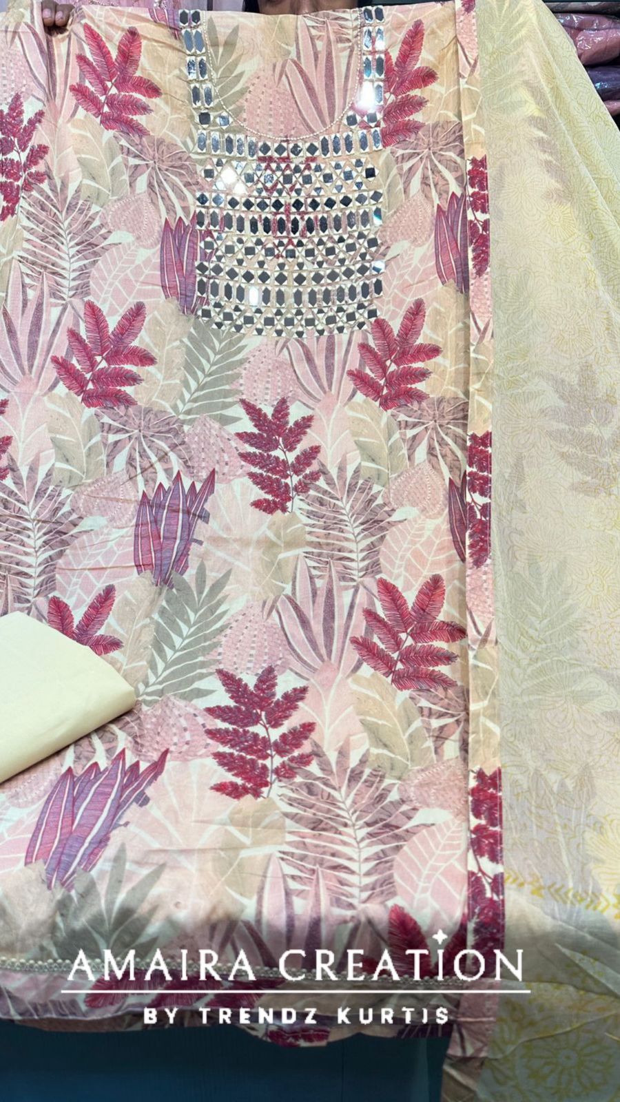 Premium Cotton Leaf Print Original Mirror Work With Chiffon Dupatta’s