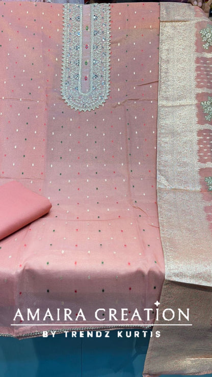 Premium Organza Pearl Work Unstitched Suit With Banarasi Dupatta