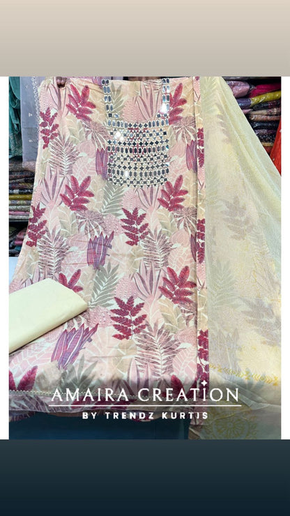 Premium Cotton Leaf Print Original Mirror Work With Chiffon Dupatta’s