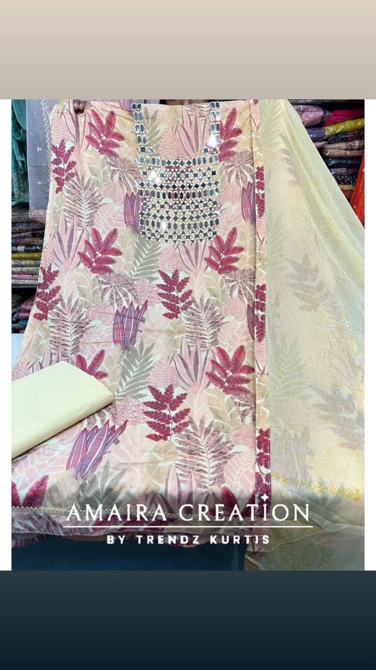 Premium Cotton Leaf Print Original Mirror Work With Chiffon Dupatta’s