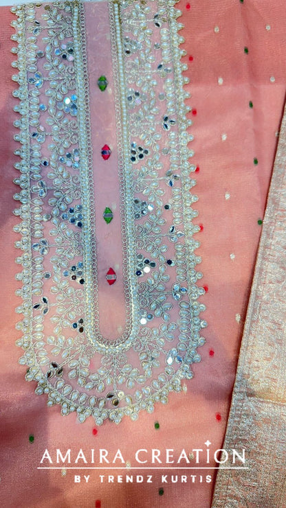 Premium Organza Pearl Work Unstitched Suit With Banarasi Dupatta