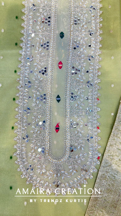 Premium Organza Pearl Work Unstitched Suit With Banarasi Dupatta
