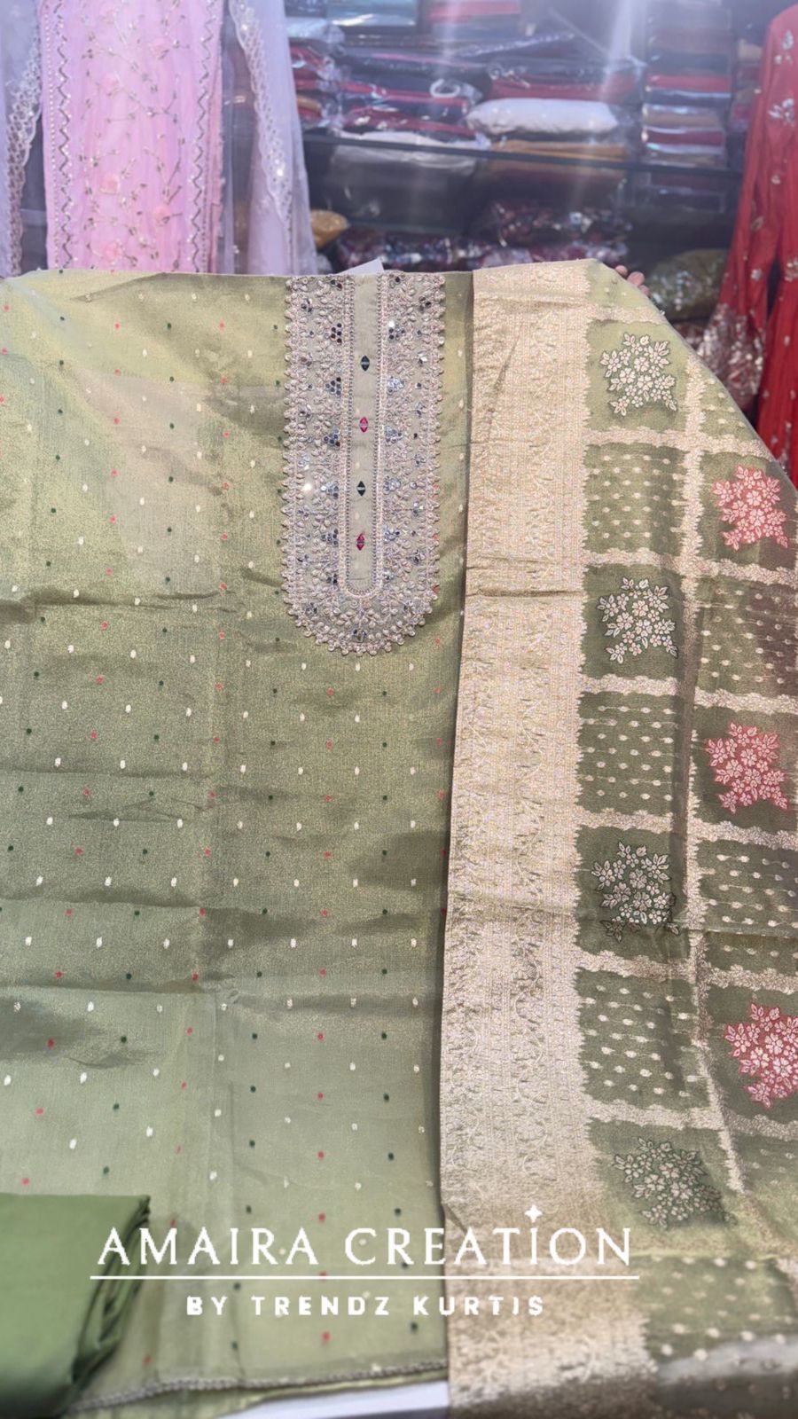 Premium Organza Pearl Work Unstitched Suit With Banarasi Dupatta