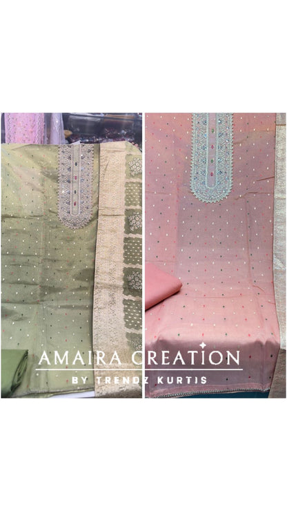 Premium Organza Pearl Work Unstitched Suit With Banarasi Dupatta