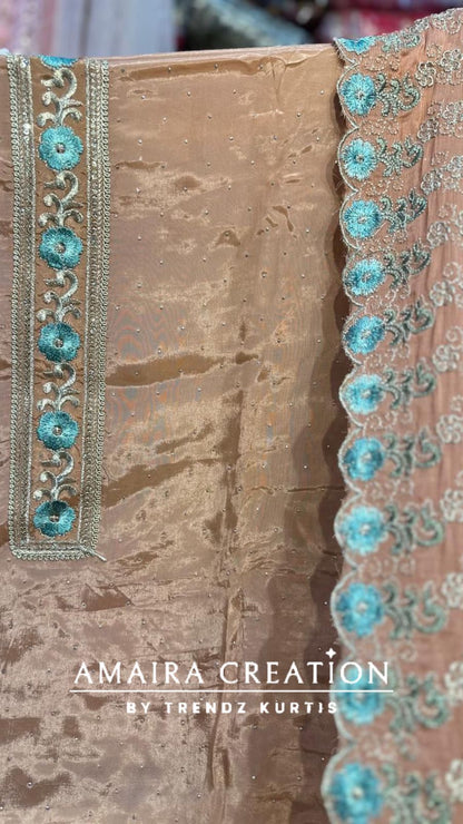 Premium Crepe Sirsoki Floral Embroidered Unstitched Suit With Chiffon Dupatta