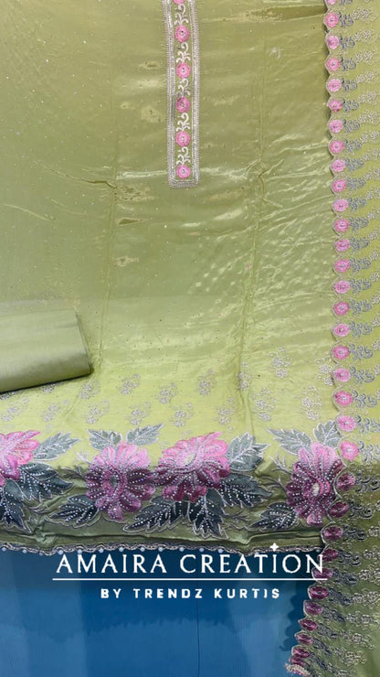 Premium Crepe Sirsoki Floral Embroidered Unstitched Suit With Chiffon Dupatta
