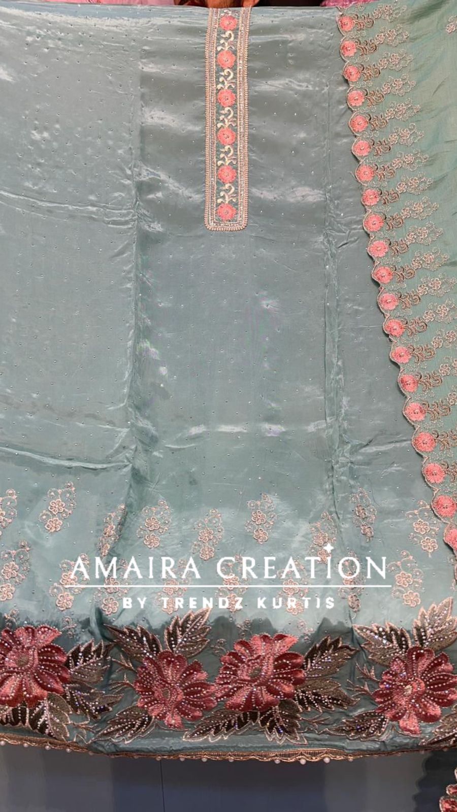 Premium Crepe Sirsoki Floral Embroidered Unstitched Suit With Chiffon Dupatta