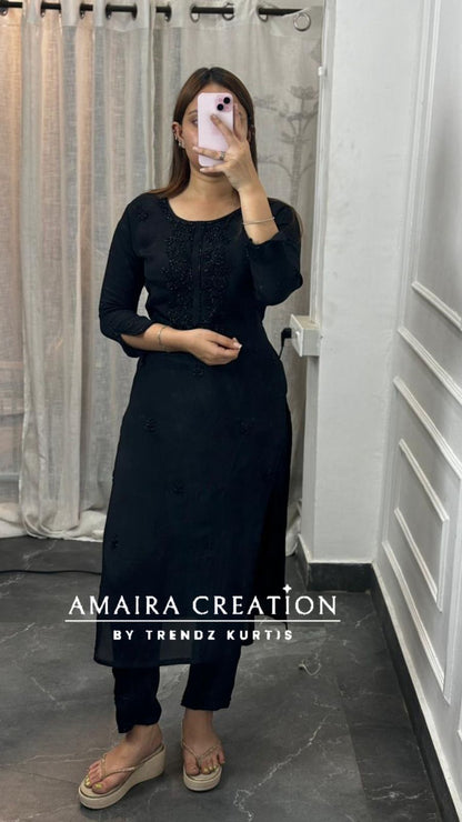 Premium Chinnon Black Colour Pant Set