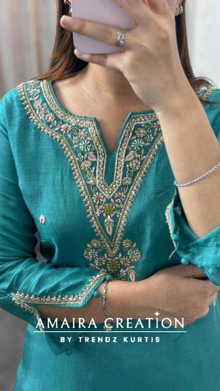 Premium Dola Silk Sea Green Pant Set With Beautiful Banarasi Dupaata