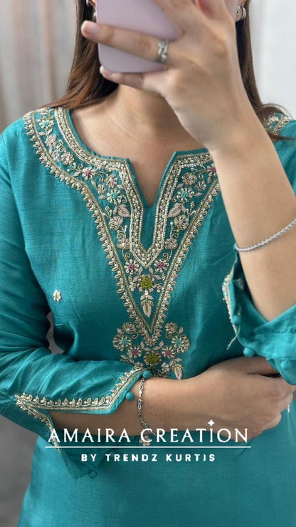 Premium Dola Silk Sea Green Pant Set With Beautiful Banarasi Dupaata