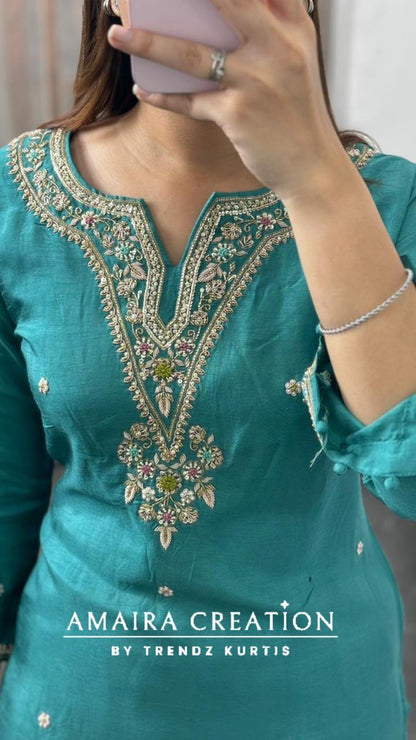 Premium Dola Silk Sea Green Pant Set With Beautiful Banarasi Dupaata