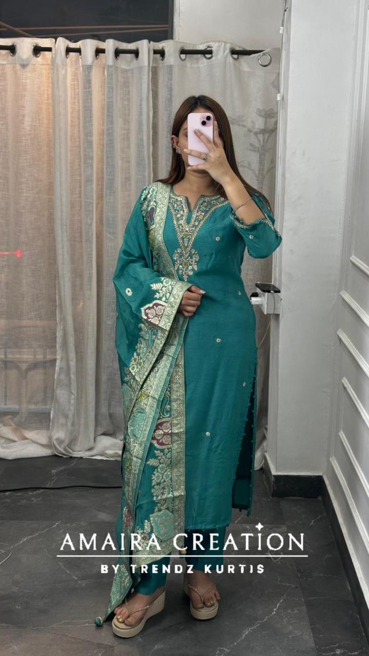 Premium Dola Silk Sea Green Pant Set With Beautiful Banarasi Dupaata