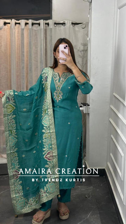 Premium Dola Silk Sea Green Pant Set With Beautiful Banarasi Dupaata