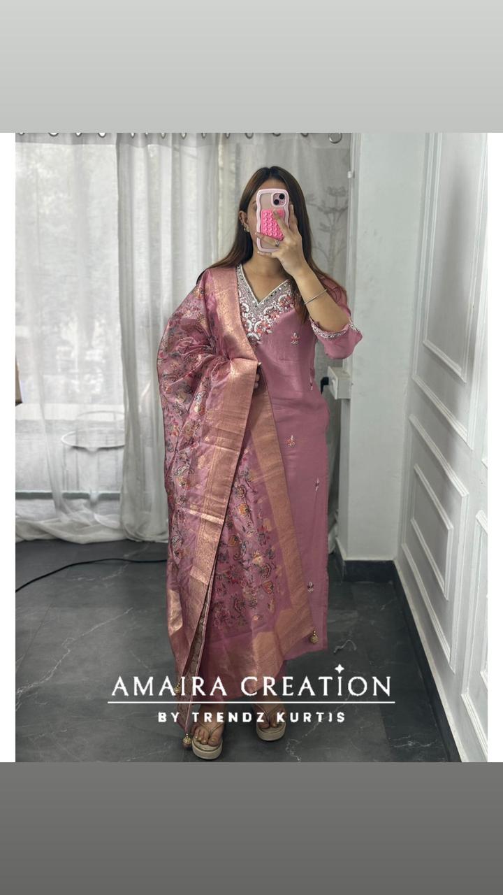 Premium Dola Silk Pink Colour Pant Set With Banarasi Dupatta