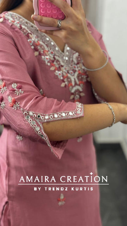 Premium Dola Silk Pink Colour Pant Set With Banarasi Dupatta