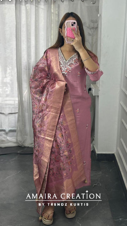 Premium Dola Silk Pink Colour Pant Set With Banarasi Dupatta