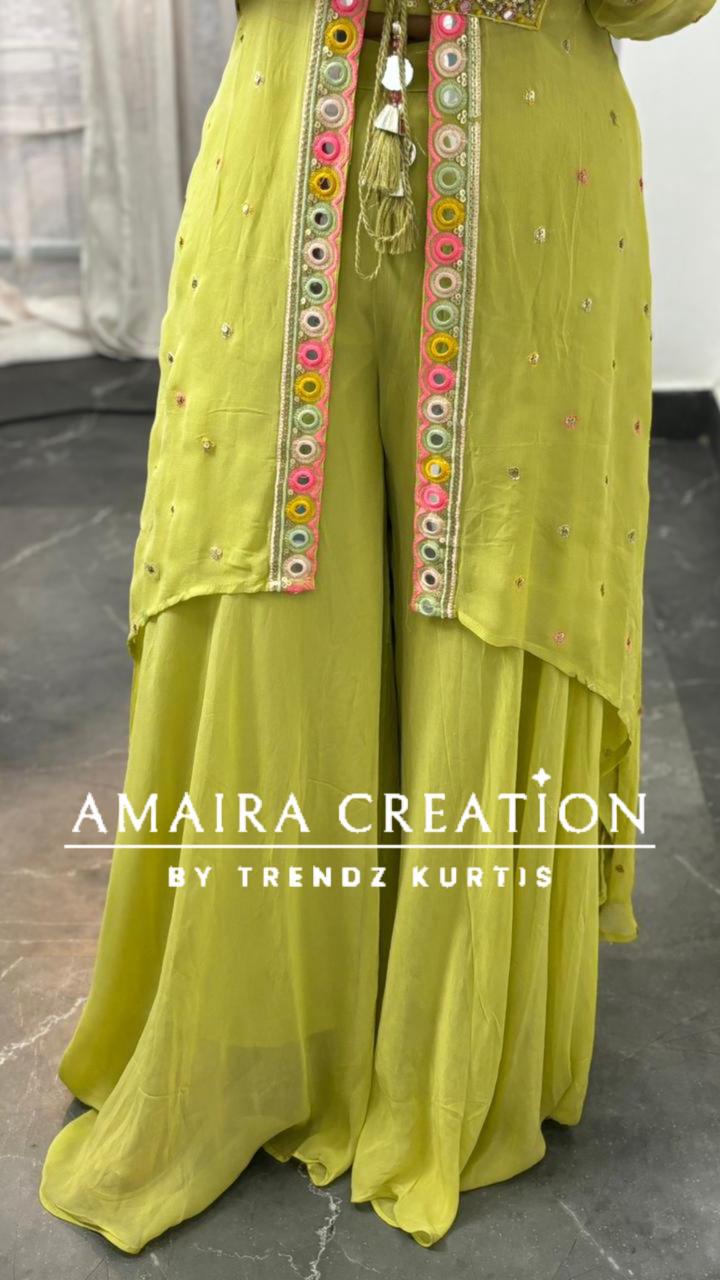 Premium Georgette Pista Green Indowestern 3pc Set