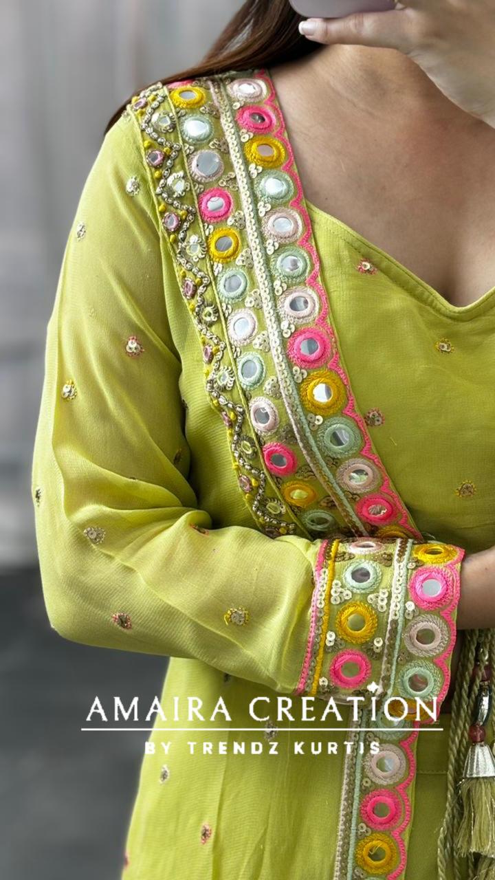 Premium Georgette Pista Green Indowestern 3pc Set