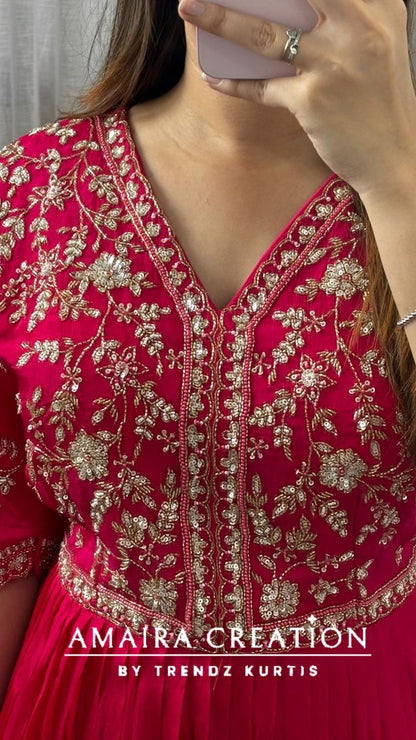 Premium Chinnon Magenta Colour One Piece Dress With Graceful Hand Work