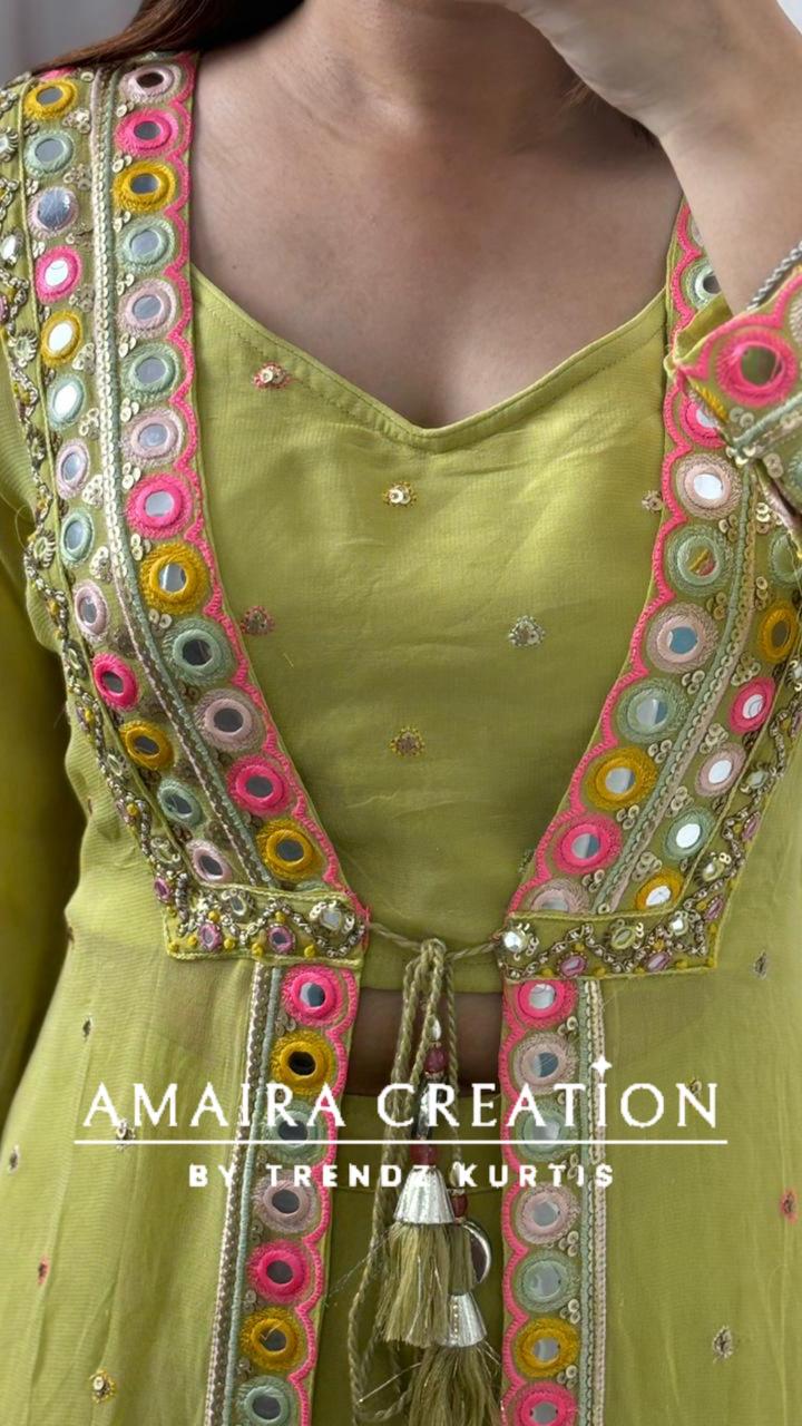 Premium Georgette Pista Green Indowestern 3pc Set