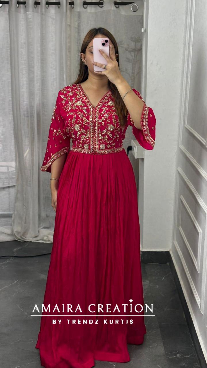 Premium Chinnon Magenta Colour One Piece Dress With Graceful Hand Work