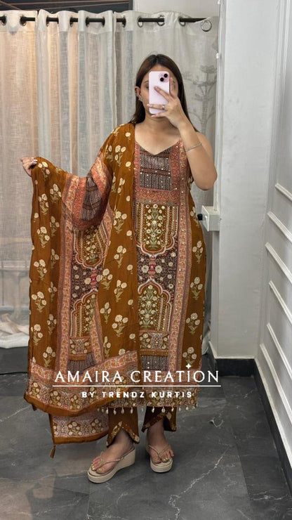 Premium Crepe Strap Pattern Designer Pant Set(16 inches sleeves available)