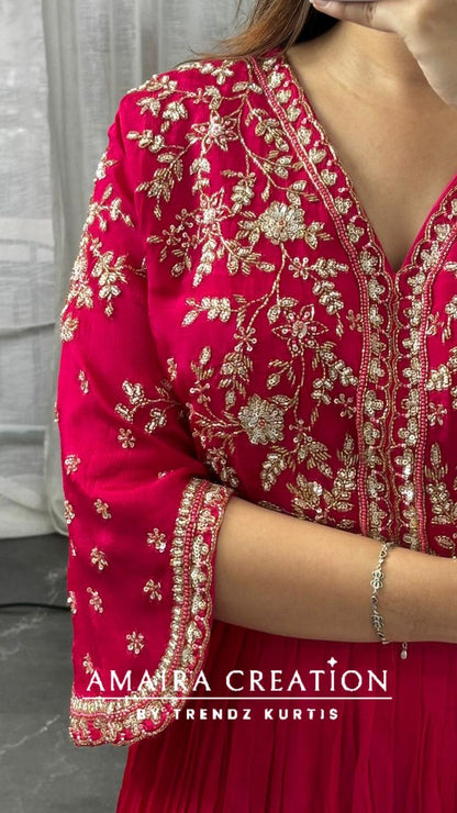 Premium Chinnon Magenta Colour One Piece Dress With Graceful Hand Work