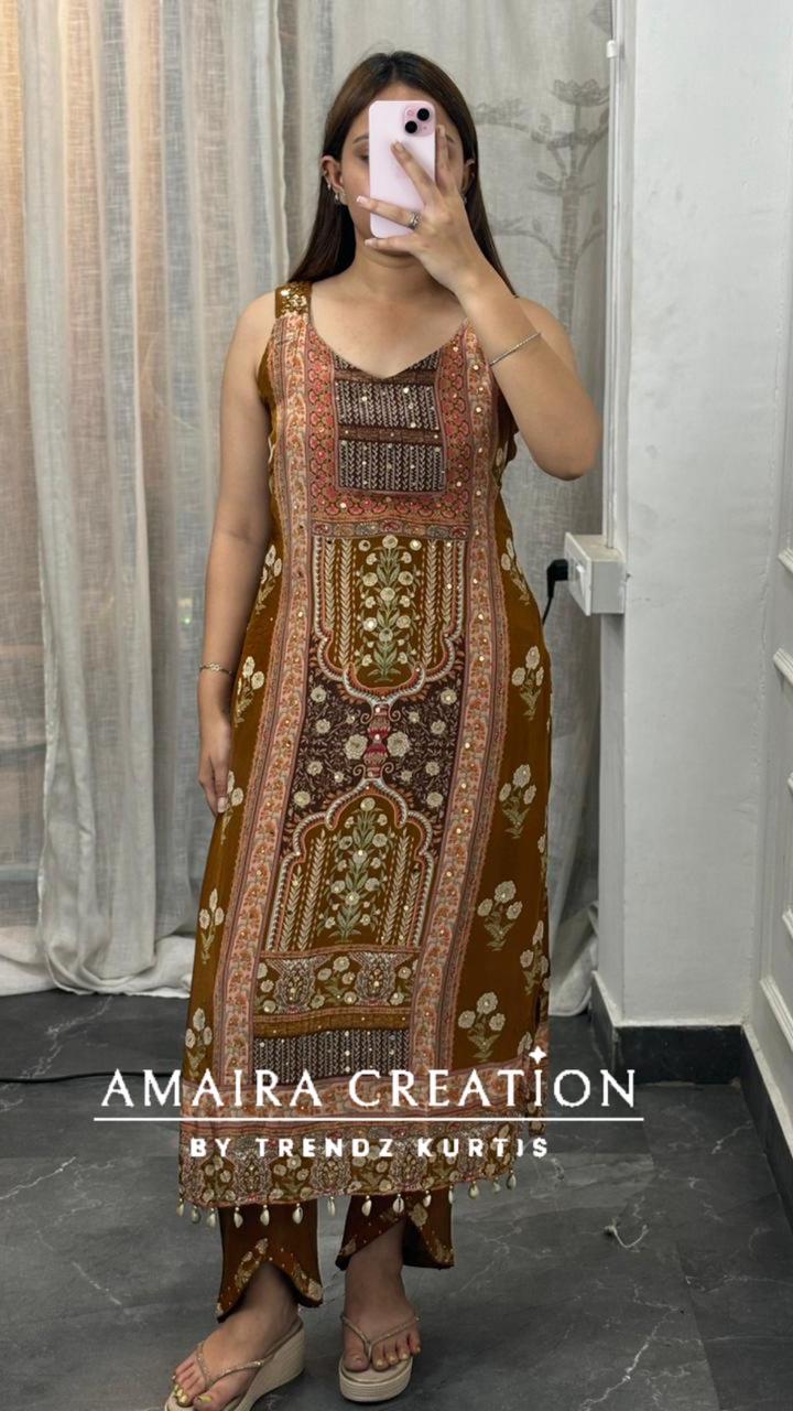 Premium Crepe Strap Pattern Designer Pant Set(16 inches sleeves available)