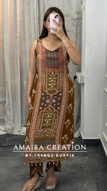 Premium Crepe Strap Pattern Designer Pant Set(16 inches sleeves available)