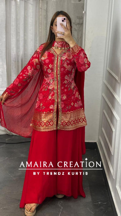 Premium Organza Red Colour Short Kurti With Flare Georgette Divider Set