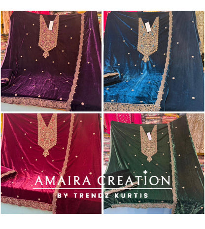 Premium Velvet Zari & Embroidery Work Detailing Unstitched Suit