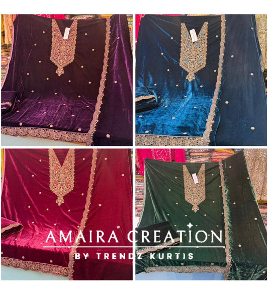 Premium Velvet Zari & Embroidery Work Detailing Unstitched Suit