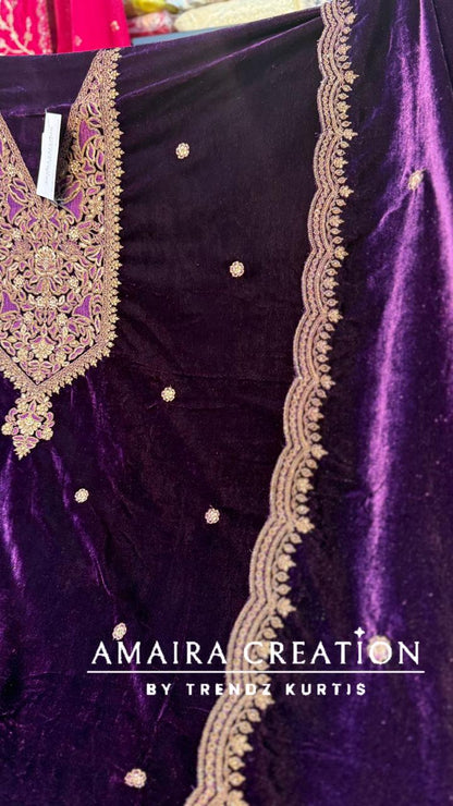 Premium Velvet Zari & Embroidery Work Detailing Unstitched Suit