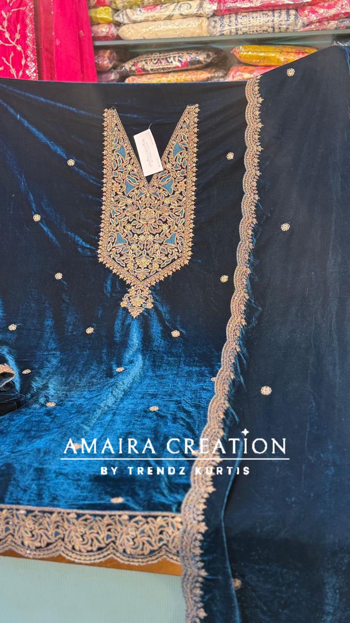 Premium Velvet Zari & Embroidery Work Detailing Unstitched Suit