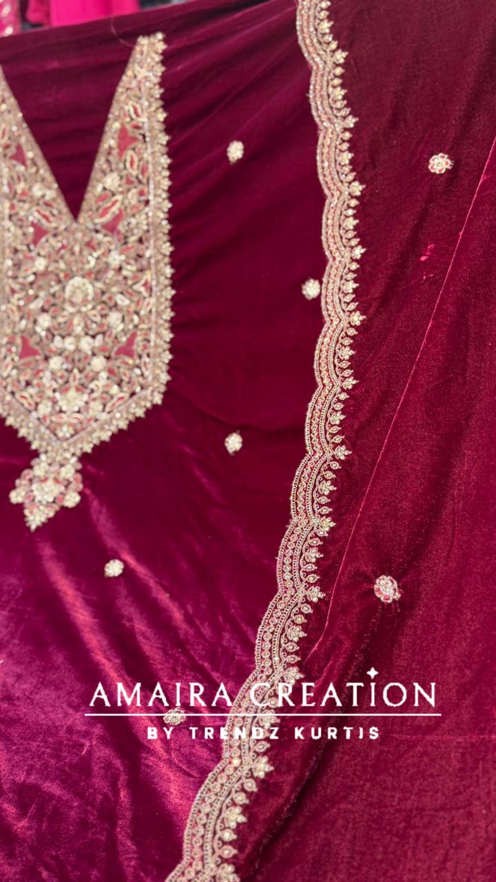 Premium Velvet Zari & Embroidery Work Detailing Unstitched Suit