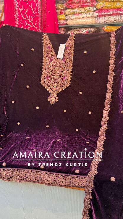 Premium Velvet Zari & Embroidery Work Detailing Unstitched Suit