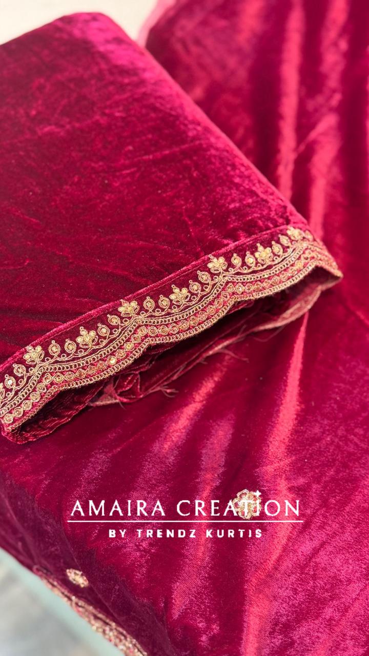 Premium Velvet Zari & Embroidery Work Detailing Unstitched Suit