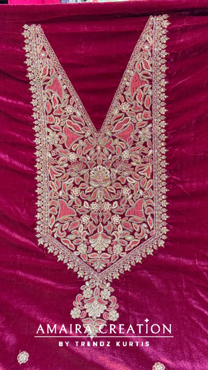 Premium Velvet Zari & Embroidery Work Detailing Unstitched Suit