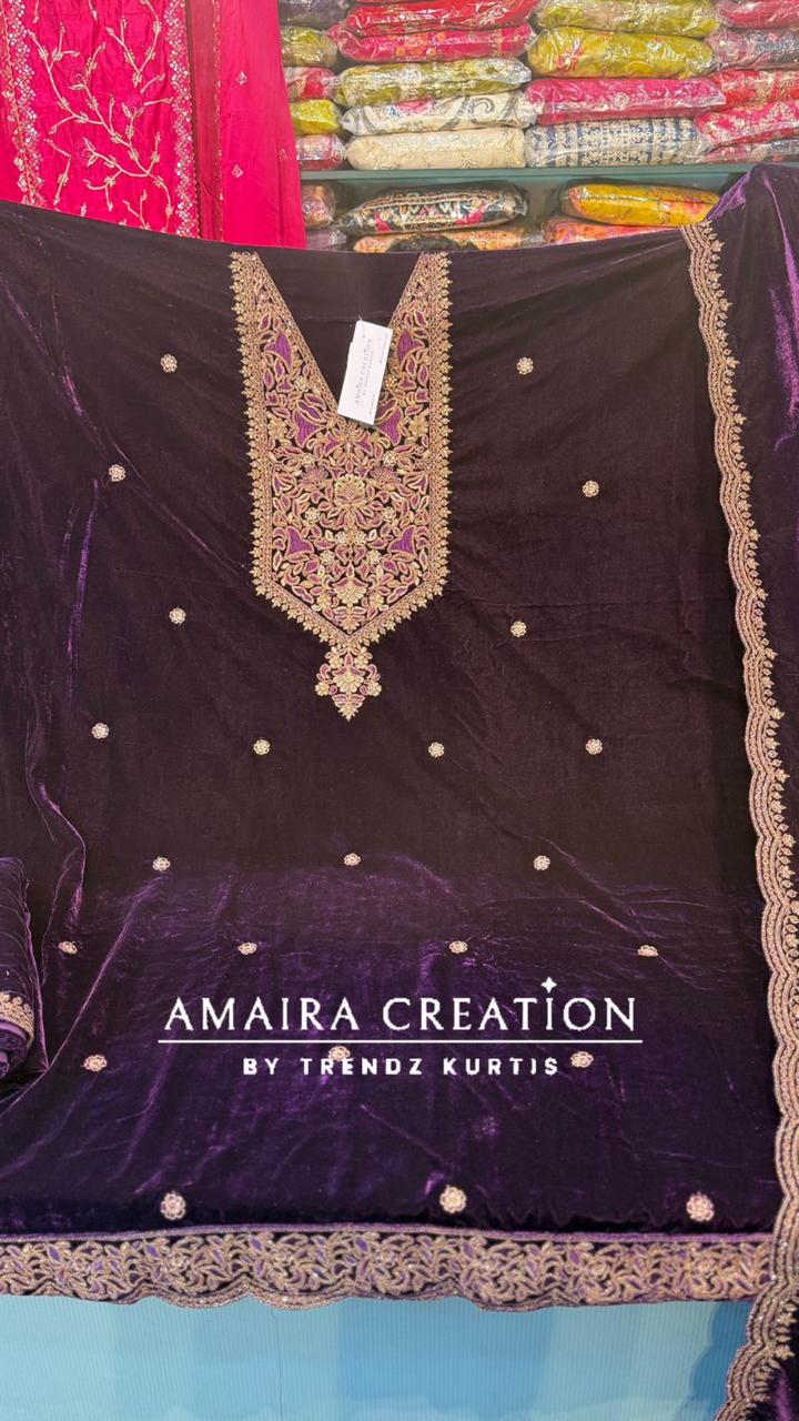 Premium Velvet Zari & Embroidery Work Detailing Unstitched Suit