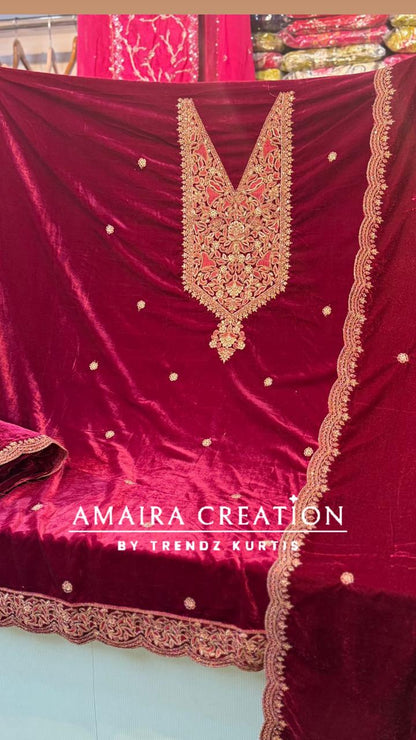 Premium Velvet Zari & Embroidery Work Detailing Unstitched Suit