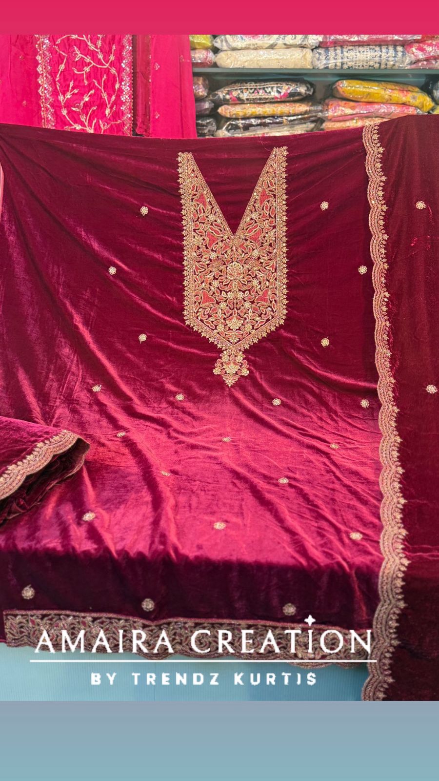 Premium Velvet Zari & Embroidery Work Detailing Unstitched Suit