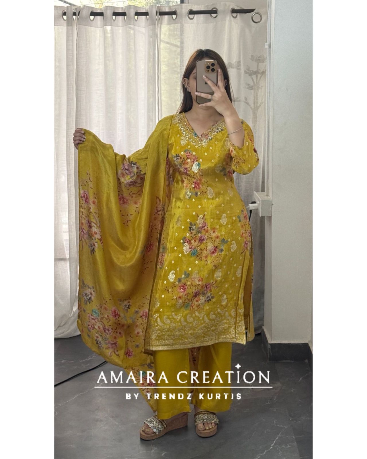 Premium Glass Tissue Mustard Colour Banarasi Pattern Floral Print Pant set