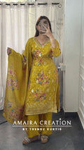Premium Glass Tissue Mustard Colour Banarasi Pattern Floral Print Pant set
