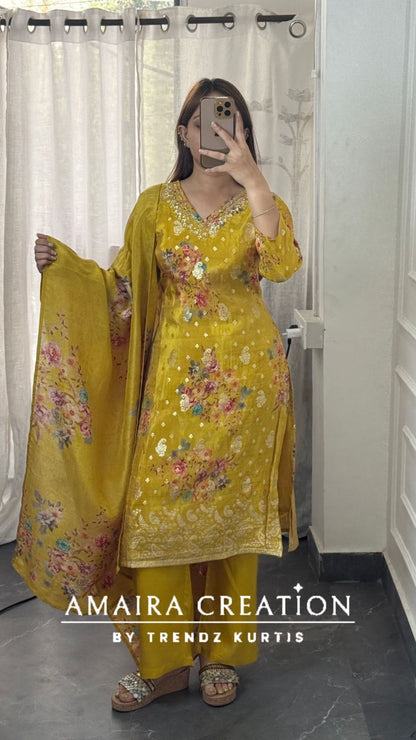 Premium Glass Tissue Mustard Colour Banarasi Pattern Floral Print Pant set