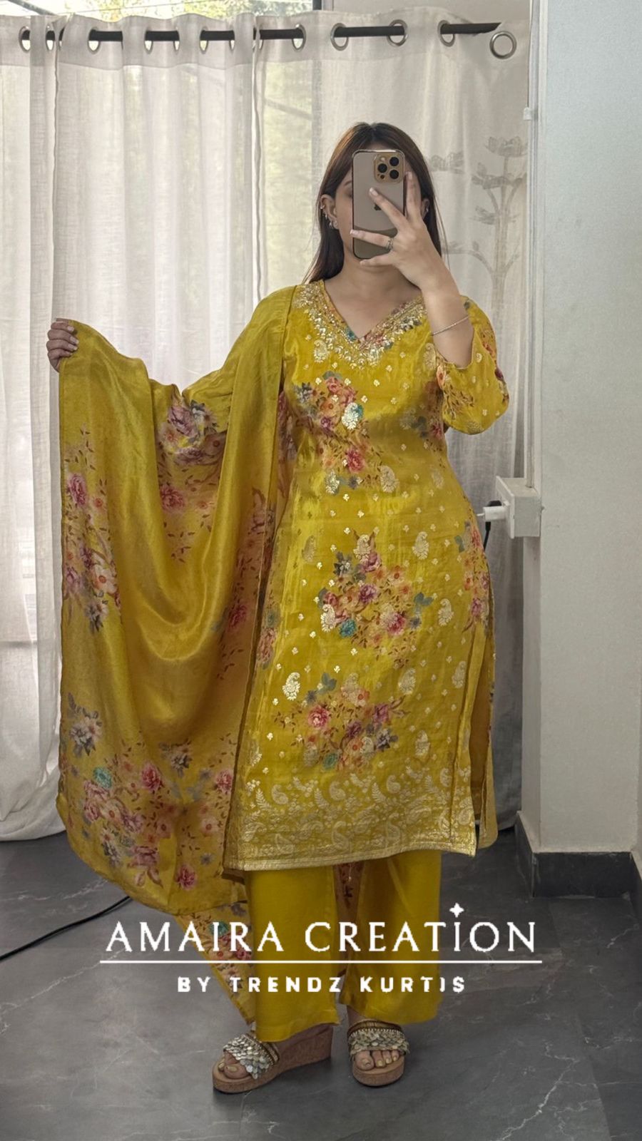 Premium Glass Tissue Mustard Colour Banarasi Pattern Floral Print Pant set